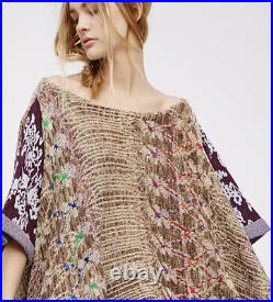 Free People Fessia Pullover Poncho Sweater Print Khaki Purple Vents Tan M/L NEW