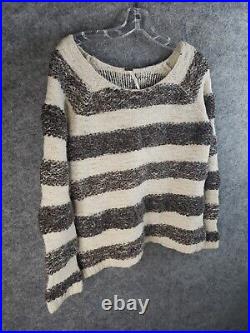 Free People Striped Sweater Womens M Medium Beige Gray Embroidered Crochet