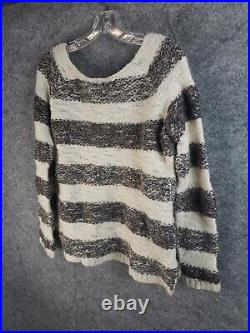 Free People Striped Sweater Womens M Medium Beige Gray Embroidered Crochet