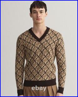 GANT Monogram Merino Wool V-Neck Jacquard Sweater Jumper (Rich Brown) Medium