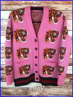 GUCCI Tiger Intarsia Pink Wool Cardigan Sweater Size Medium 100% Authentic