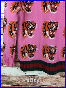 GUCCI Tiger Intarsia Pink Wool Cardigan Sweater Size Medium 100% Authentic