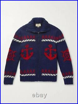 GUCCI Wool Bomber Sweater Cardigan M Intarsia Zip up Blue Red Anchor Knitted