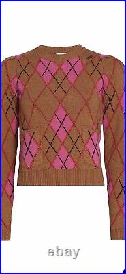 Ganni harlequin argyle wool-blend jaquard sweater beige size M NEW