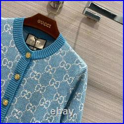 Gucci Sweater Gg Logo Cotton Jacquard Cardigan Blue Top Size M