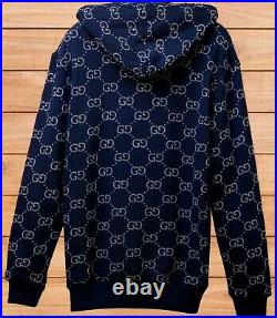 Gucci Sweater Pullover Jumper Men Size M Navy Gg Logo New Regular Fit Zip