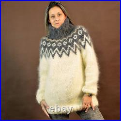 Hand Knit Mohair Sweater Icelandic Nordic Fuzzy WHITE Gray EXTRAVAGANTZA M L XL