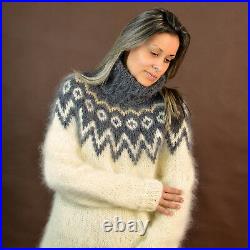 Hand Knit Mohair Sweater Icelandic Nordic Fuzzy WHITE Gray EXTRAVAGANTZA M L XL