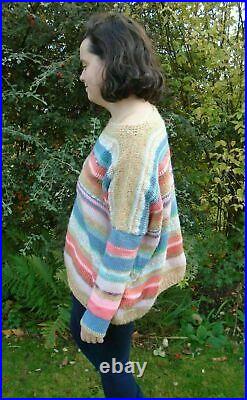 Hand Knitted Jumper/Sweater? Crochet Trim? Multi Colour Stripes? Oversized
