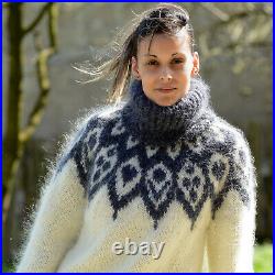 Hand Knitted Mohair Sweater Icelandic Nordic Fuzzy WHITE Gray by EXTRAVAGANTZA