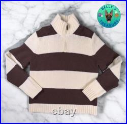 J. Crew Sweater Mens Medium Beige Brown Rugby Striped Wool Chunky Knit Mock Neck