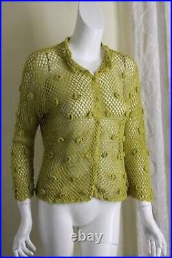 J. Jill Sz M Pistachio Green Hand-Crochet Quirky Art-Wear Knit Sweater Cardigan