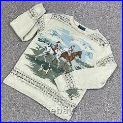 Lauren Ralph Lauren Sweater Womens M Medium Hand knitted Horses Scene Cotton Lin