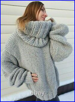 M-3XL Italian Alpaca& Mohair&Cotton Sweater with neck hand knit Light Gray
