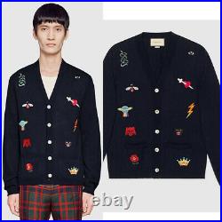 M NEW $1480 GUCCI Mens Blue Wool BEE SNAKE PANTHER Fine Knit SWEATER CARDIGAN