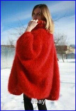 M-XXXL Italian Premium Mohair Sweater Removable neck hand knit Hot Red