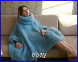 M-XXXL Italian Premium Mohair Sweater Removable neck hand knit Light Blue