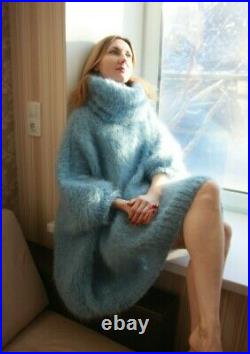 M-XXXL Italian Premium Mohair Sweater Removable neck hand knit Light Blue