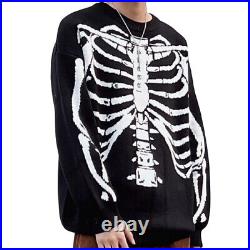 Men Relaxed Pullover Jumper Urban Streetwear Loose Sweater Skeleton Black Unisex