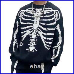 Men Relaxed Pullover Jumper Urban Streetwear Loose Sweater Skeleton Black Unisex