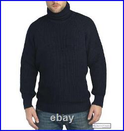 Men Submariner Jumper Navy Blue Chunky Knit 100% Wool Roll Sweater S M L XL XXL