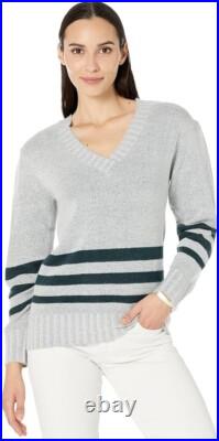 Mododoc Sweater Women Medium Gray Striped Ribbed Long Sleeve V-Neck Cozy JDM1191