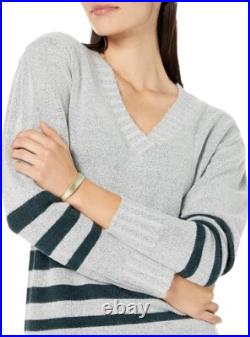 Mododoc Sweater Women Medium Gray Striped Ribbed Long Sleeve V-Neck Cozy JDM1191