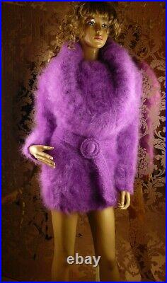 Mohair Hand Knitted Fluffy Purple Cowl Neck Sweater Dress Jumper size M L