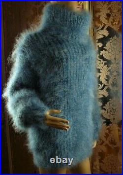 Mohair Handmade Ribbed Teal/Gray Melange T-neck Pullover Sweater Jumper size S-M