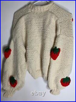 Myracle Womens M Ivory Knit Strawberry Cardigan Sweater Hand Made Bishop Sleeve
