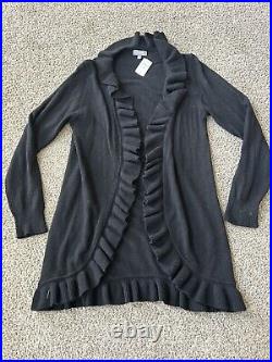 NEIMAN MARCUS 100% Cashmere Long Cardigan Ruffles Sweater black Size M NWT