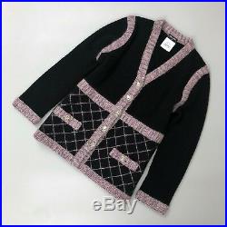 NEW Chanel 2015 Pink Black CASHMERE Silk Knit Camellia Sweater Cardigan Size S M