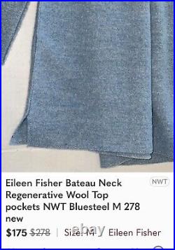 NEW With Tags 238 Eileen Fisher M Merino Wool Sweater Bateau Neck Bluesteel $175