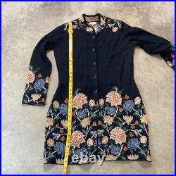 NOVICA Sweater Women Medium Baby Alpaca Midnight Floral Black Knit Long Cardigan