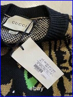 NWT $1500 Gucci Men Tiger Print Crewneck Sweater Black/Gold M Italy