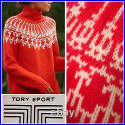 NWT $298 Tory Burch Sport L Merino Wool Fairisle Turtleneck Sweater Red Mountain