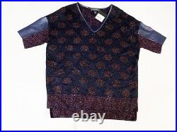 NWT $795 St. John Fuzzy Santana Knit Navy Blue Leather Trim Shine Sweater MEDIUM