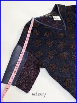 NWT $795 St. John Fuzzy Santana Knit Navy Blue Leather Trim Shine Sweater MEDIUM