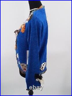 NWT Design Options Philip & Jane Gordon BLUE Cardigan DOG HEADS Sweater Sz MED