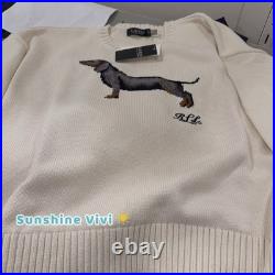 NWT Lauren Ralph Lauren Intarsia Dachshund dog Chalk Cotton Sweater Choose Size