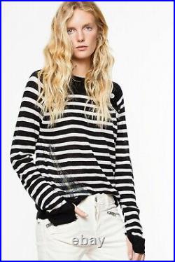 NWT Zadig & Voltaire Reglis Stripe Cashmere Sweater, Noir (Black) Size S, M $398