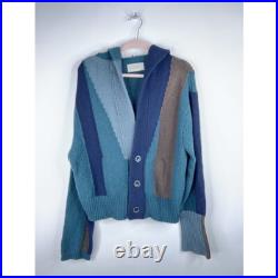 Necessity Sense Knit Cardigan Sweater Lambs Wool Blue Stripe Knit Hooded Medium