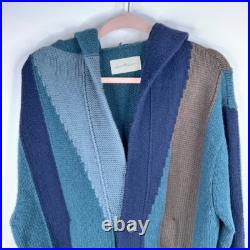 Necessity Sense Knit Cardigan Sweater Lambs Wool Blue Stripe Knit Hooded Medium