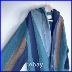 Necessity Sense Knit Cardigan Sweater Lambs Wool Blue Stripe Knit Hooded Medium