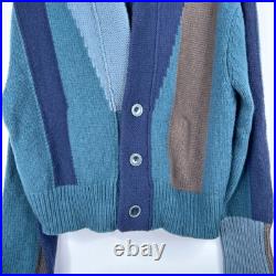 Necessity Sense Knit Cardigan Sweater Lambs Wool Blue Stripe Knit Hooded Medium