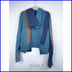 Necessity Sense Knit Cardigan Sweater Lambs Wool Blue Stripe Knit Hooded Medium
