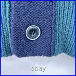 Necessity Sense Knit Cardigan Sweater Lambs Wool Blue Stripe Knit Hooded Medium