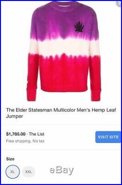 New Elder Statesman Tie Dyed 100% Cashmere Mens Sweater With Hemp Leaf