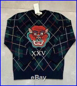 New Gucci Dragon-Appliqué Argyle-Intarsia Wool Sweater in Navy Large