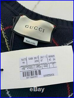 New Gucci Dragon-Appliqué Argyle-Intarsia Wool Sweater in Navy Large